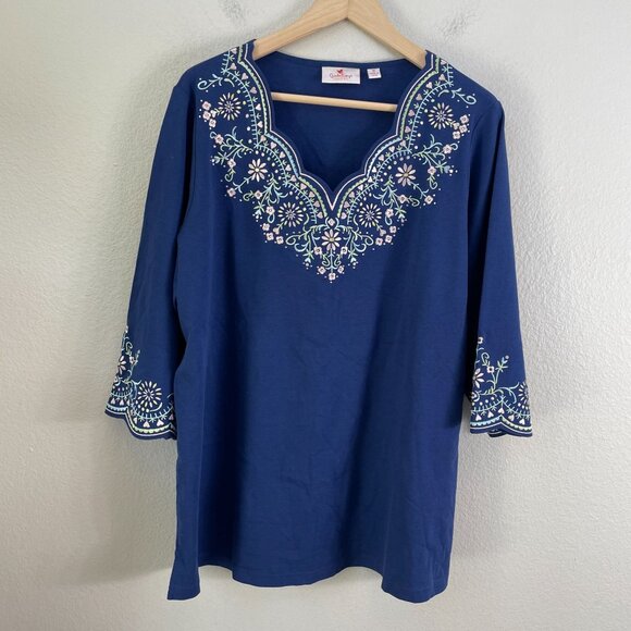 Quacker Factory Womens Plus 1X Embroidered 3/4 Sleeve Blue Top Shirt - Picture 8 of 11